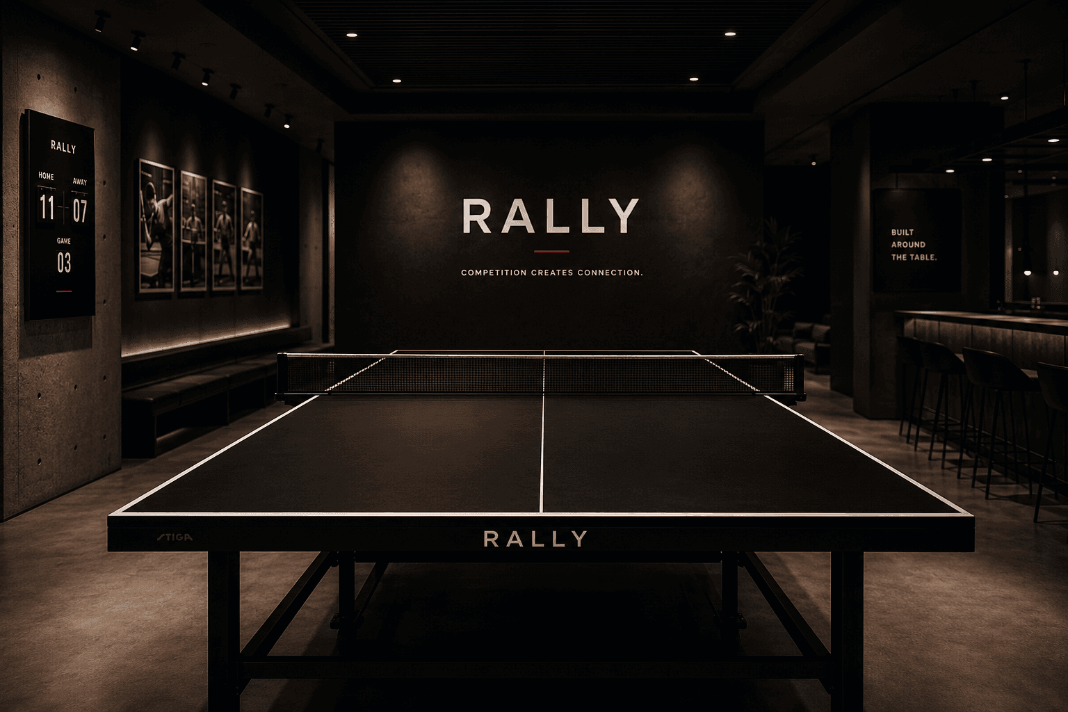 Rally table tennis room with a central table and score wall